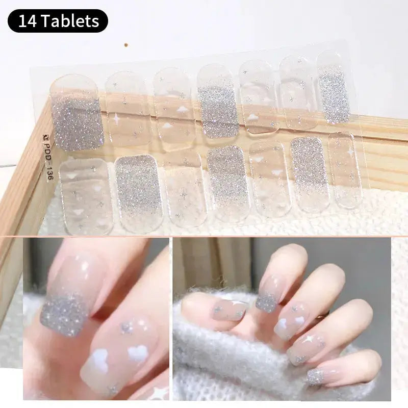 Full-cover nail sticker set by Simples Market; glitter silver, self-adhesive manicure decals (14 tablets)