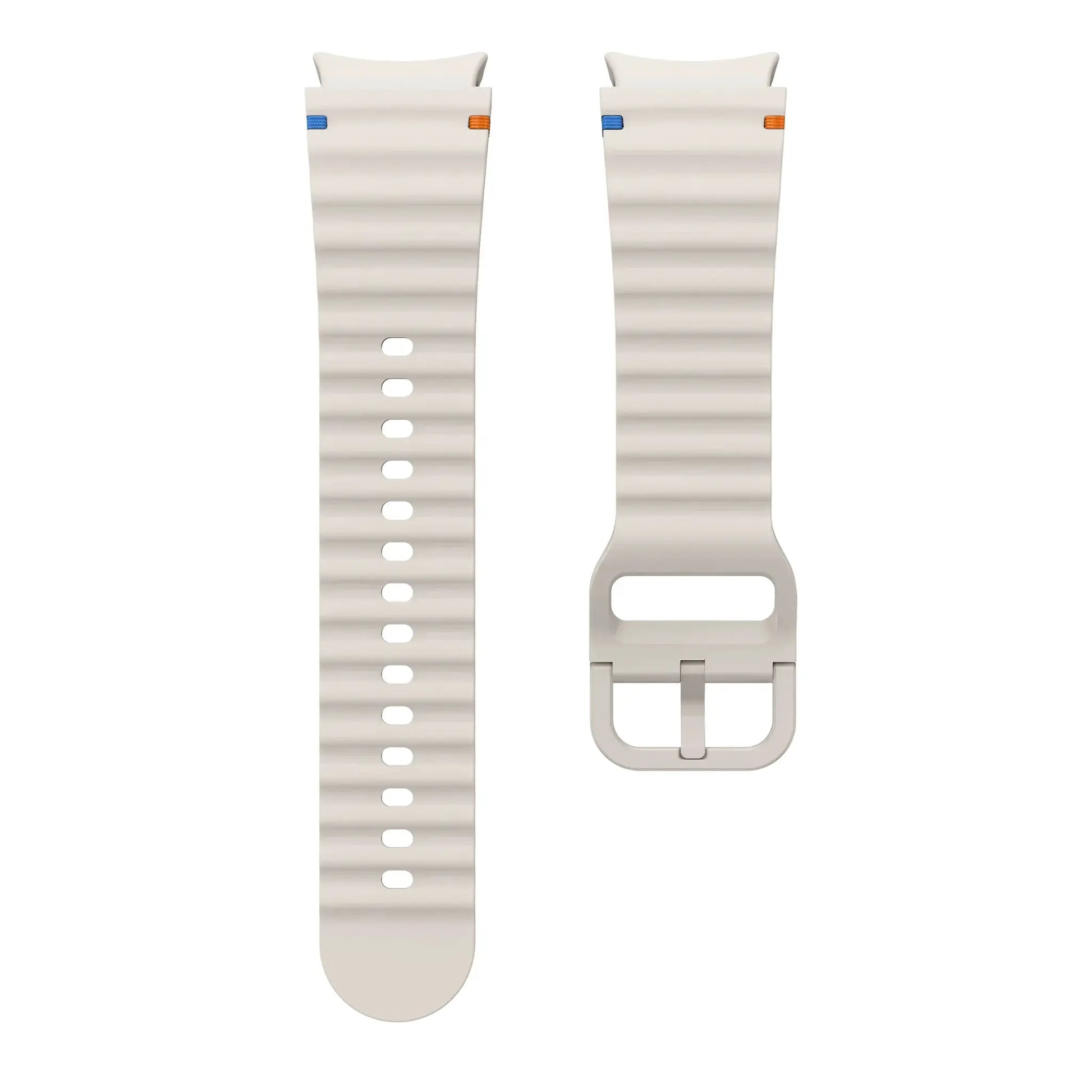 Original silicone Galaxy Watch band pair in beige with blue and orange accent loops