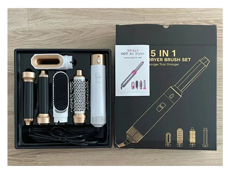 5-in-1 hair dryer brush set with multiple attachments in black and rose-gold tones