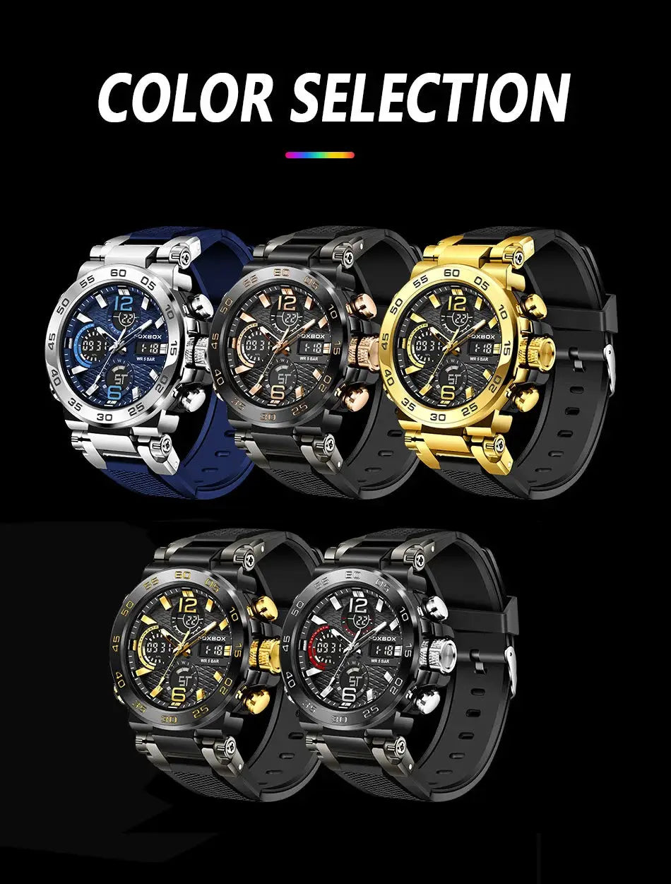 FOXBOX men's luxury sport watches set, six color variants silver/blue, black, gold, black/gold, gray, black with box