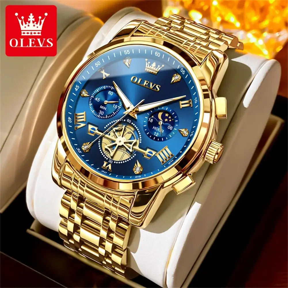 OLEVS men's luxury watch with blue dial, gold-tone stainless steel bracelet, Roman numerals and moon-phase subdial