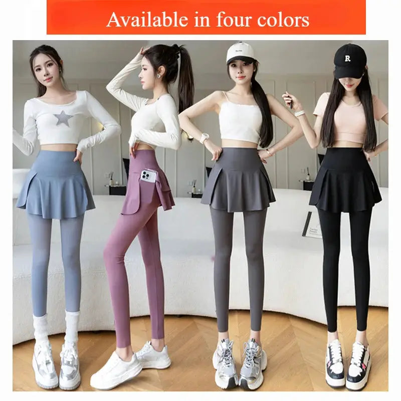 Simples Market women fake two-piece seamless leggings with high-waist skirt overlay and pocket, four colors