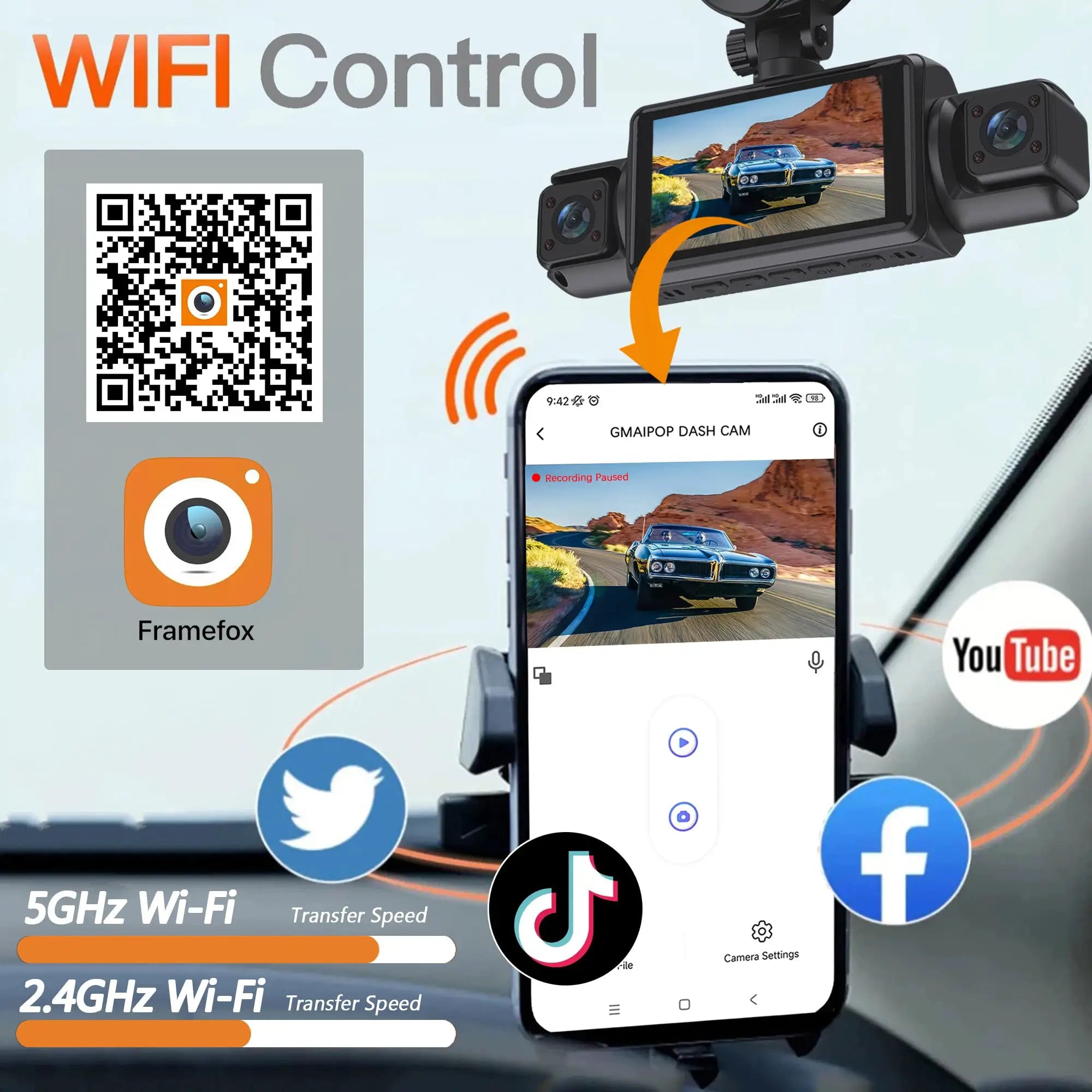 Simples Market 4-Channel WiFi Dashcam with front, left, right and rear cameras; black, FHD 1080p, night vision, loop recording