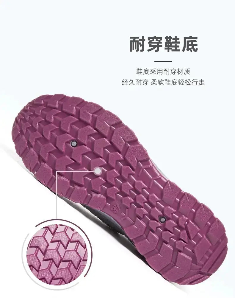 Minimalist hiking shoe sole in purple rubber with rugged, multi-directional tread.
