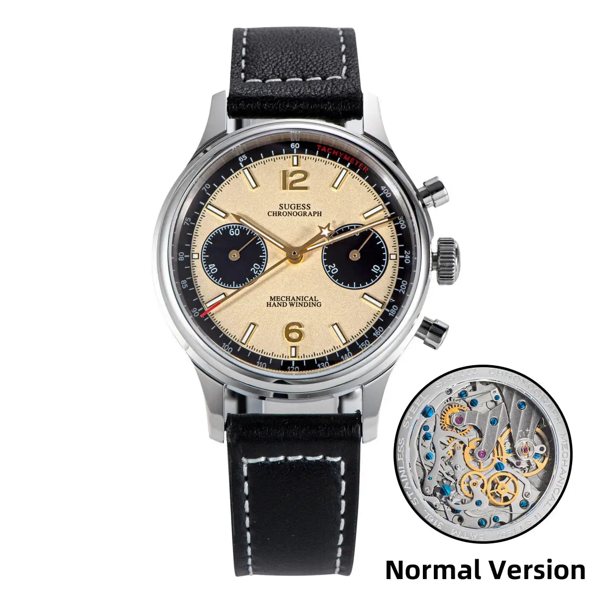 Sugess 1963 Pilot chronograph watch with panda dial, black subdials, tachymeter bezel, leather strap