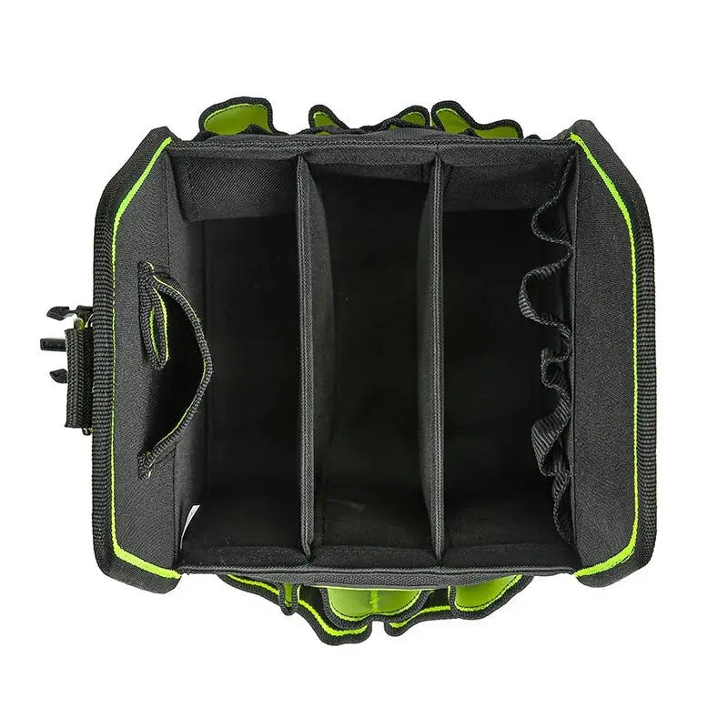 Tool tote with 3 internal compartments in black with lime-green trim and a side handle for easy tool access.