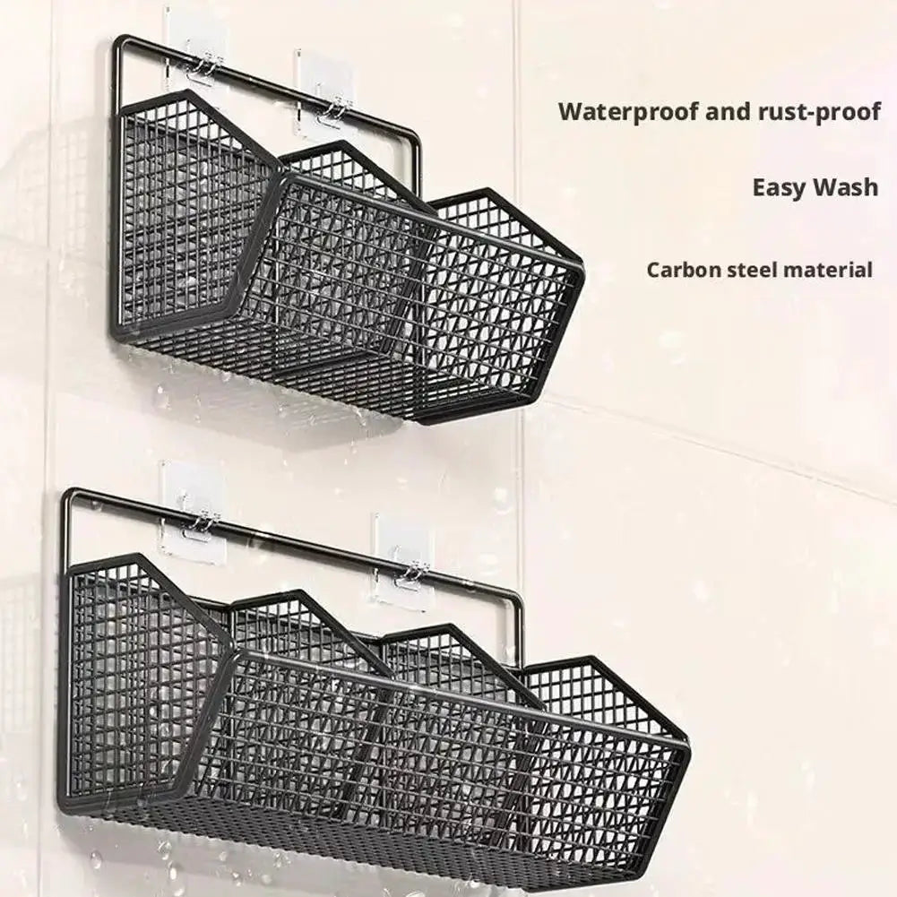 Wall-mounted kitchen storage baskets set of 2 in black carbon steel for spices, garlic, onions, and vegetables