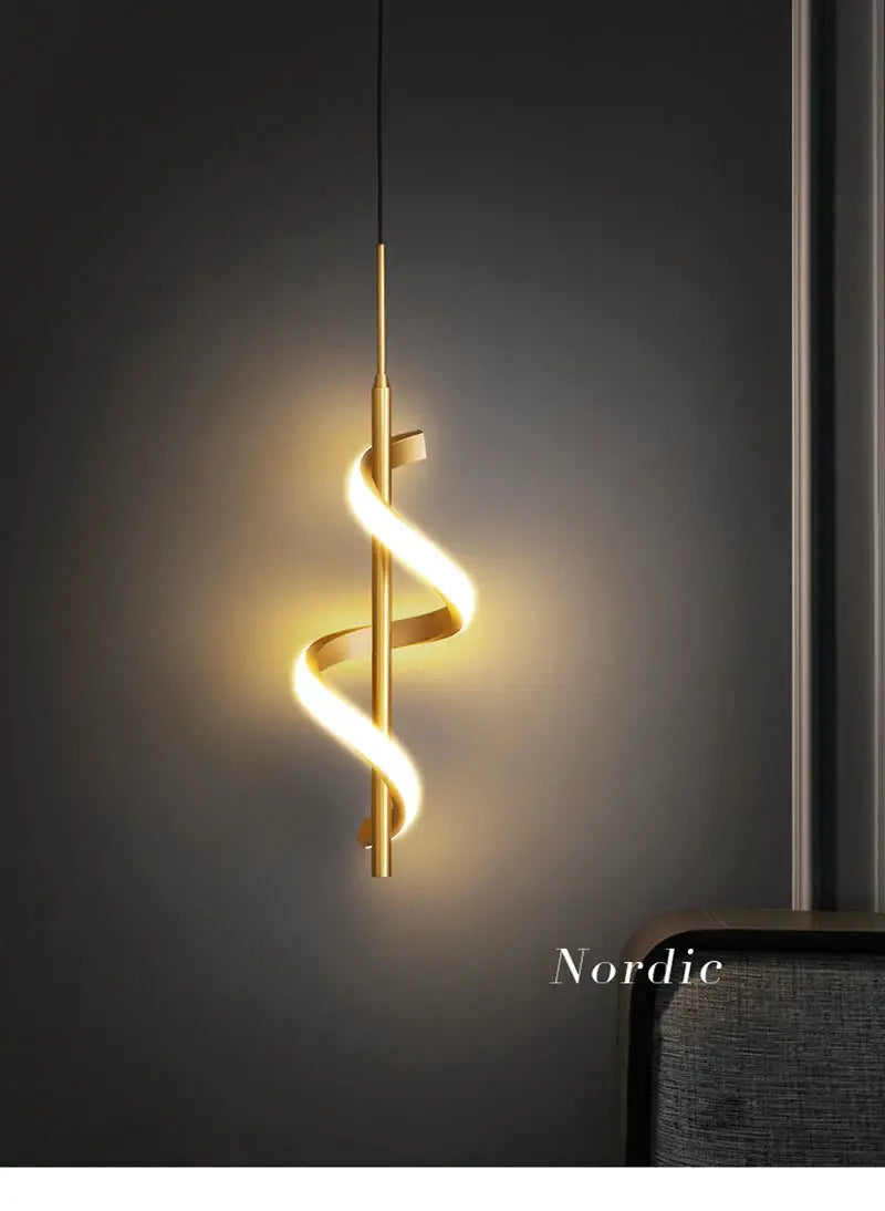 Nordic Lustre LED pendant light in gold brass finish with a twisting spiral LED tube.