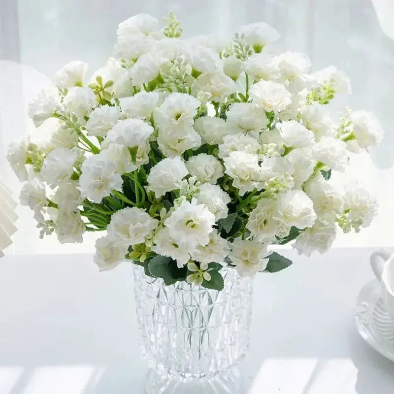 Simples Market artificial white carnation bouquet in a faceted crystal vase