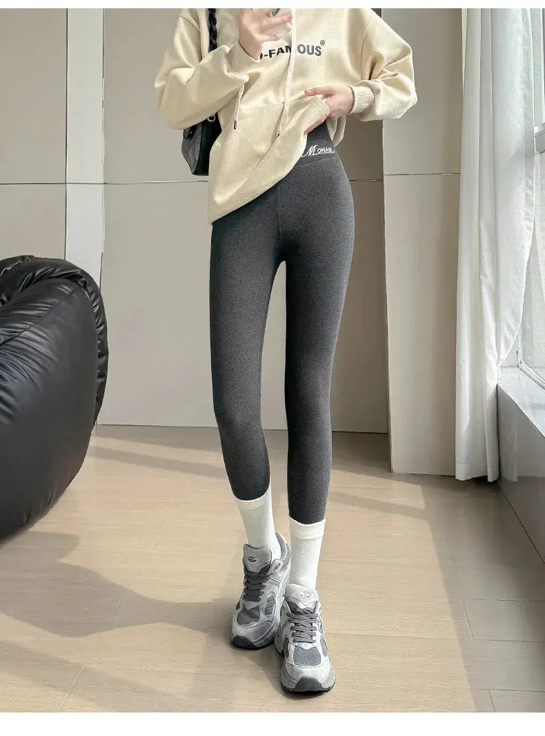 Winter cashmere leggings for women, dark gray high-waisted slim stretchy pants with velvet thickening