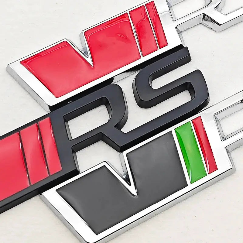3D metal VRS emblem badge for cars; black letters with chrome trim and red panels