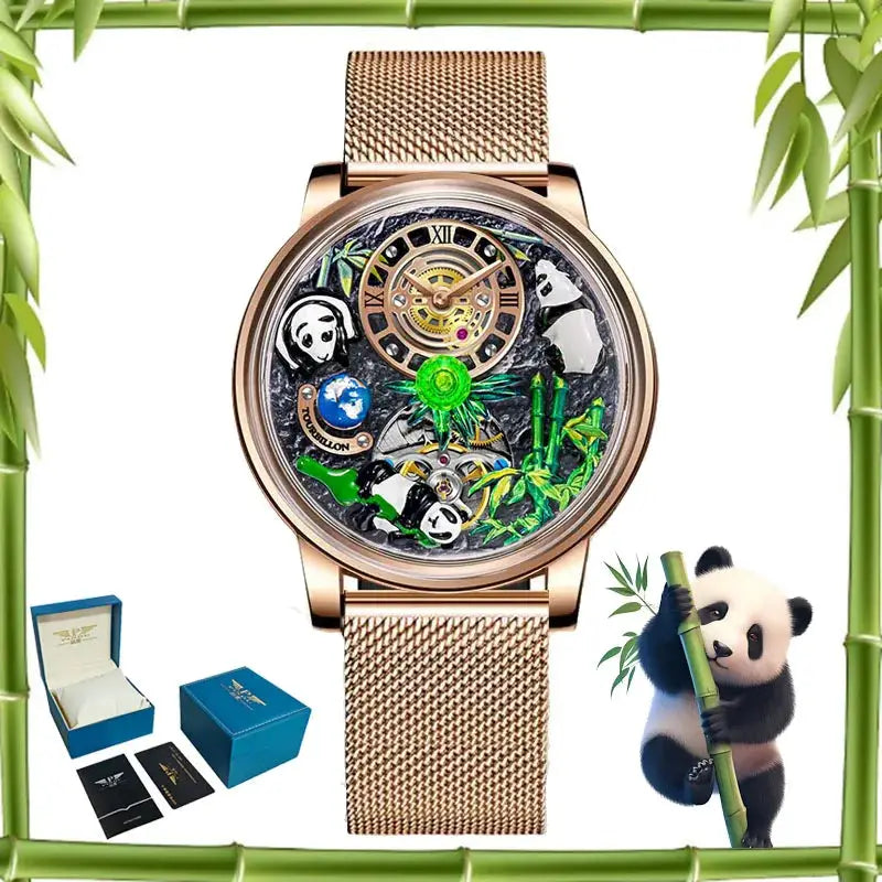 Panda Series men's mechanical watch by Simples Market, rose-gold tone with mesh bracelet and panda/bamboo dial