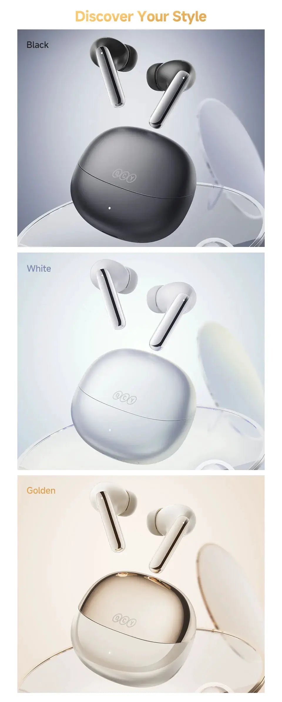 QCY MeloBuds Pro wireless earbuds with charging case; three color variants black, white and golden by Simples Market