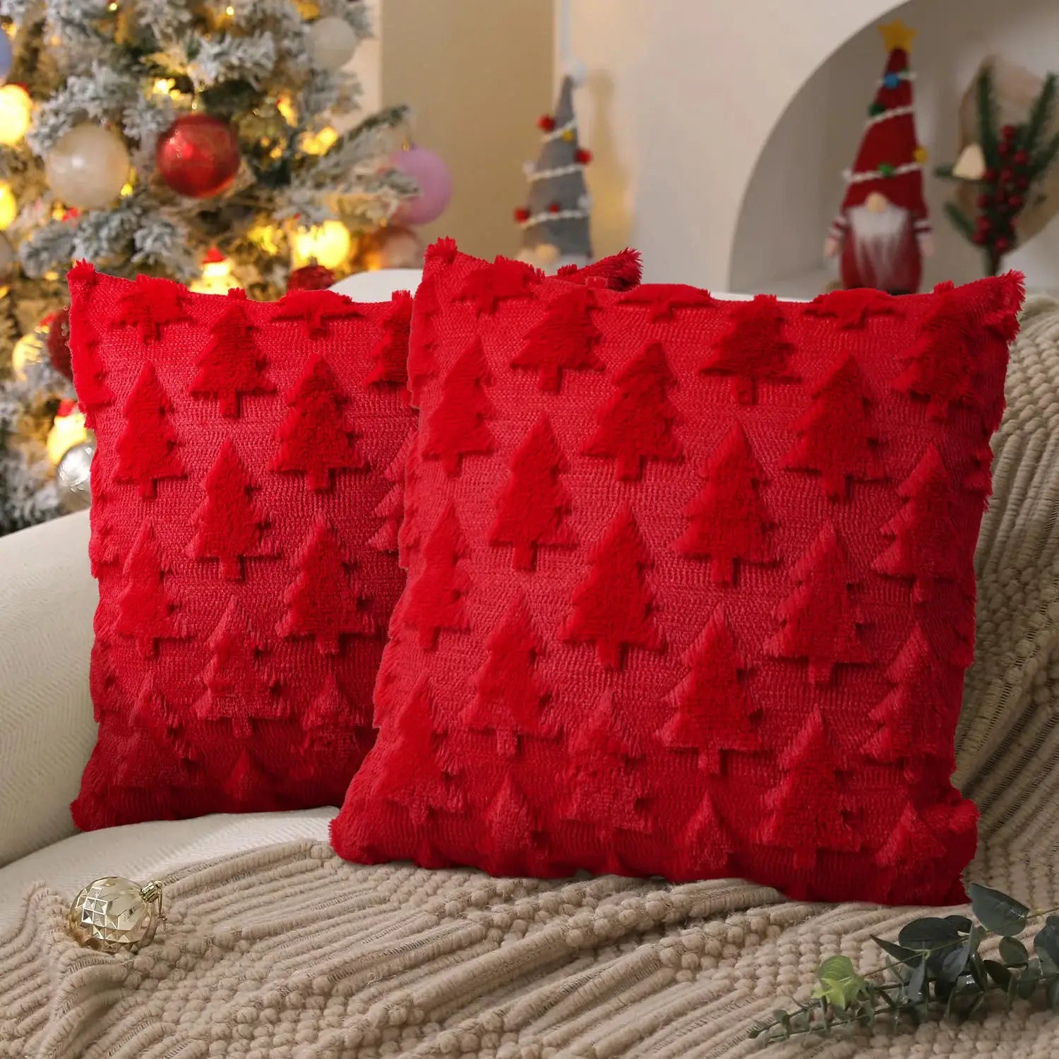 Red Christmas tree textured faux fur throw pillow covers 18x18 Simples Market pair