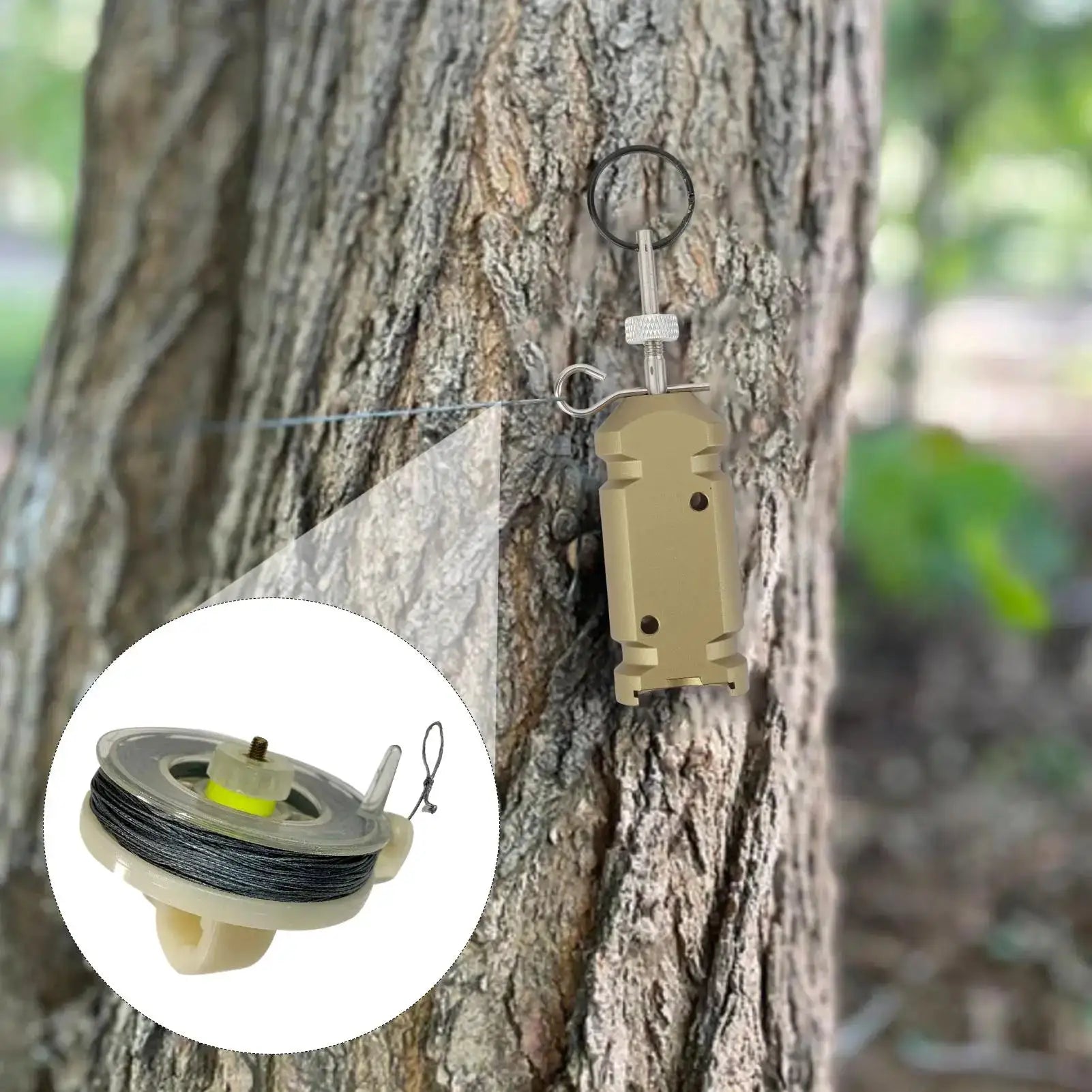 Simples Market perimeter alarm trip line kit; tan camping security device with wire spool and tree mount.