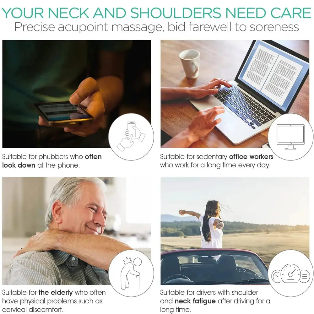 Neck massager by Simples Market; four-panel banner showing neck and shoulder care for phone use, desk work, elderly relief, and driving fatigue.
