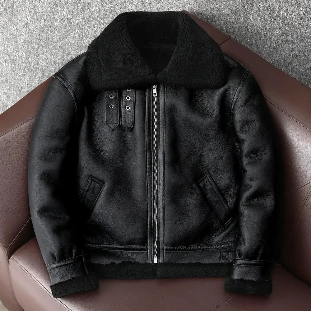 Leather shearling jacket for men by Simples Market, black genuine sheepskin with zip front and pockets
