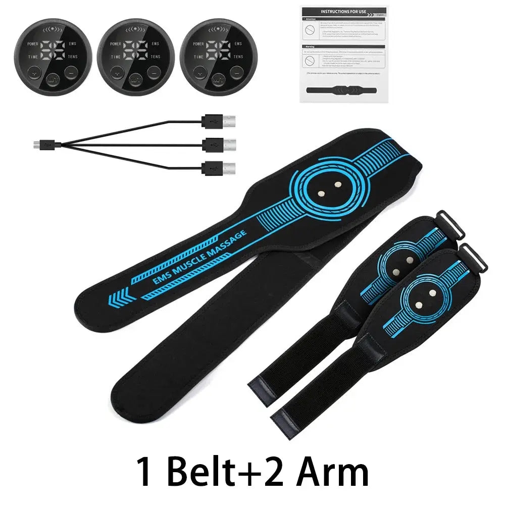 Simples Market EMS belt massage set with black belt, blue accents, 1 belt + 2 arm straps, USB cables.
