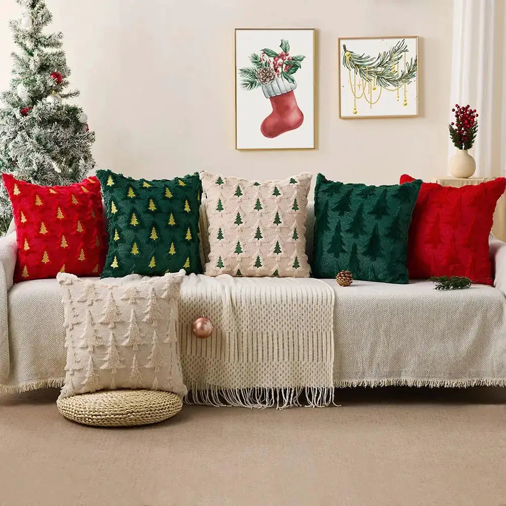 Throw pillow covers 18x18 Christmas tree pattern, set of 5 in red, green, beige