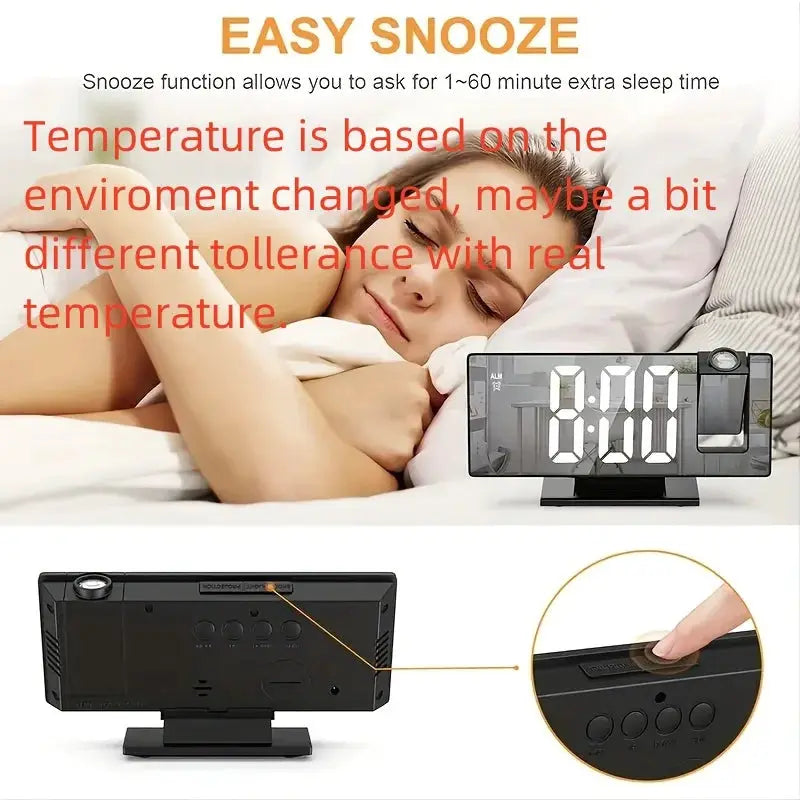 Projection alarm clock by Simples Market; luminous bedside digital clock with large display and 180° projection