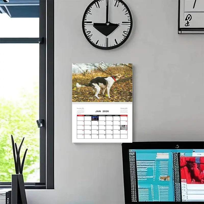 Wall calendar with a dog photo and January 2026 monthly grid