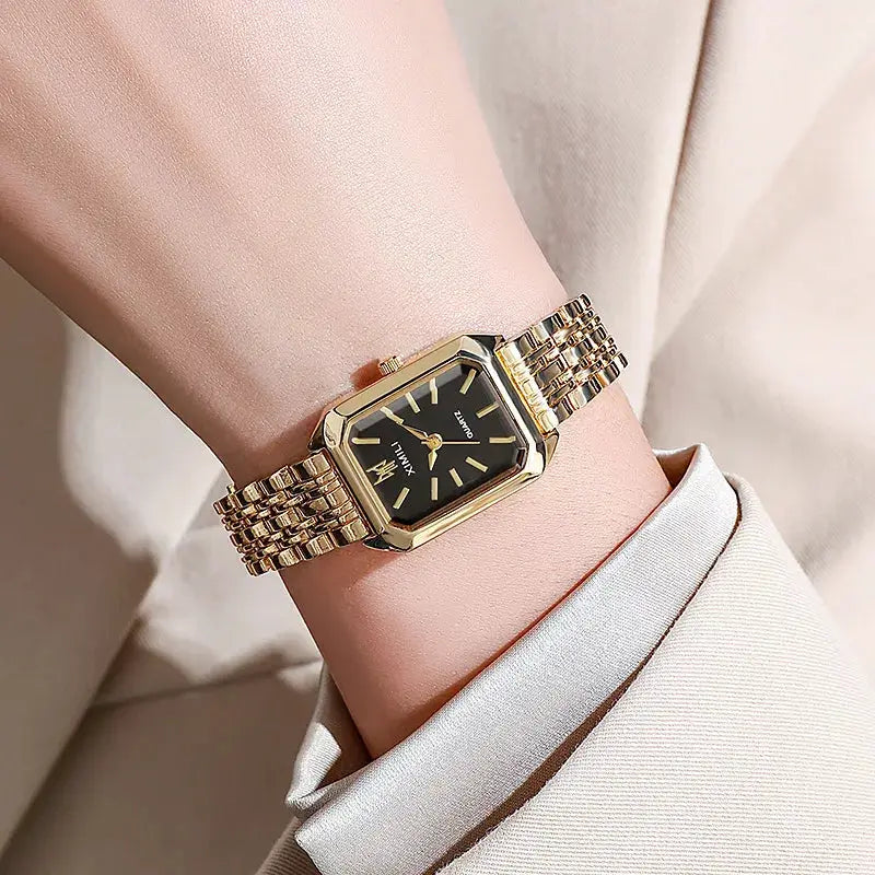 Simples Market luxury women's rectangle quartz watch with gold-tone steel band and black dial