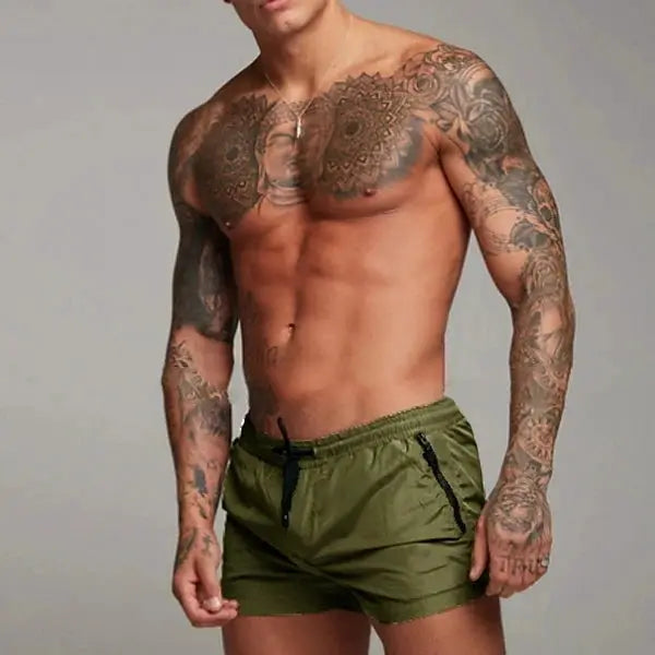 Men's Simples Market olive green swimming trunks with black drawstring