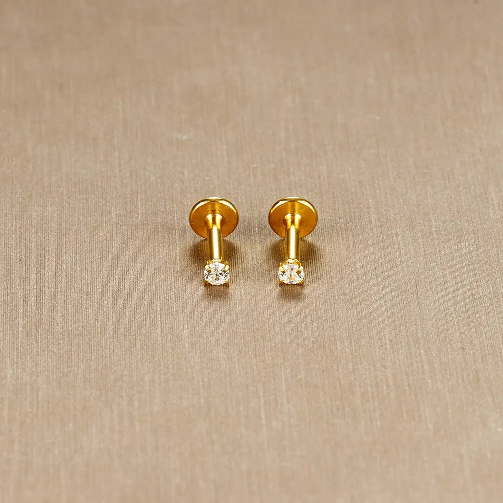 2pc labret tragus stud earrings, gold-tone 16G surgical stainless steel with CZ crystals