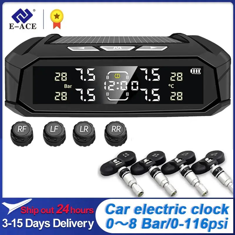 E-ACE TPMS sensor kit with 4 valve sensors and LCD solar display, 8 Bar smart system for car/truck