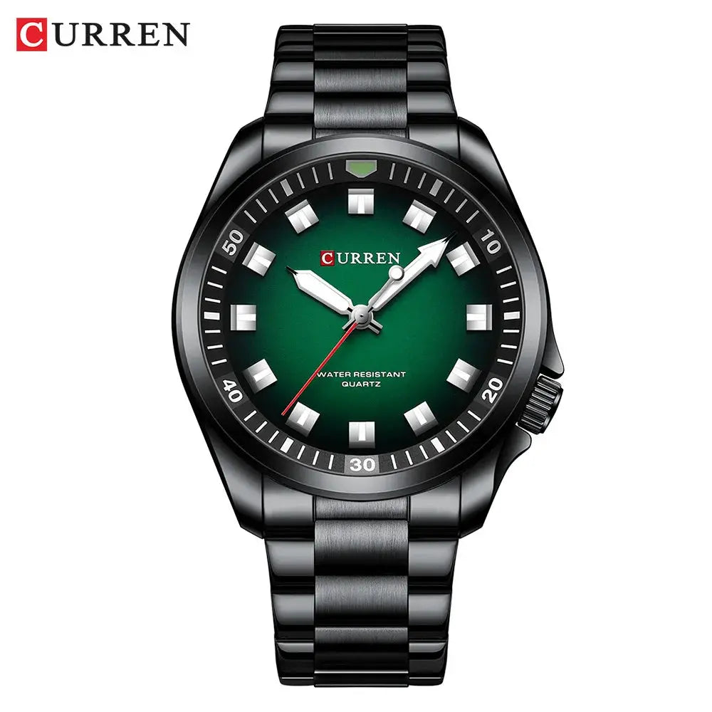 Curren men's watch with black stainless steel band and green dial, water resistant quartz