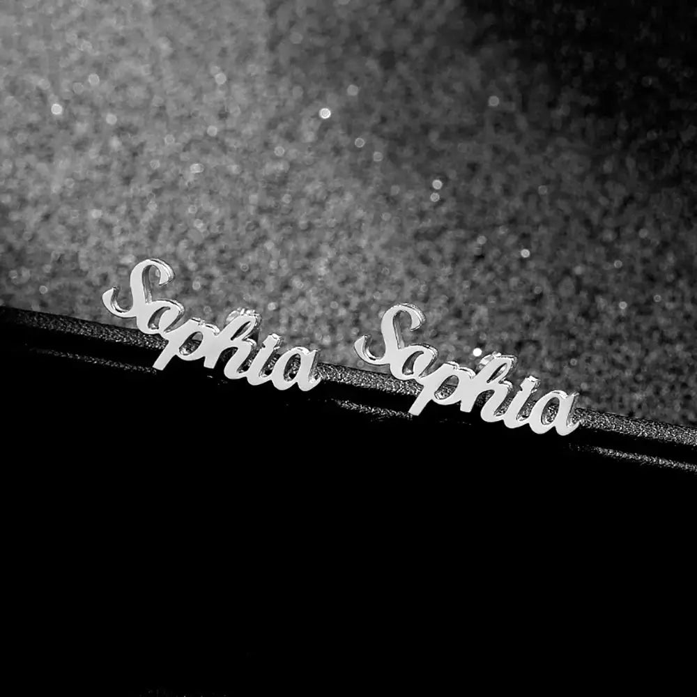 Stainless steel custom name stud earrings; script Sophia, set of 2.