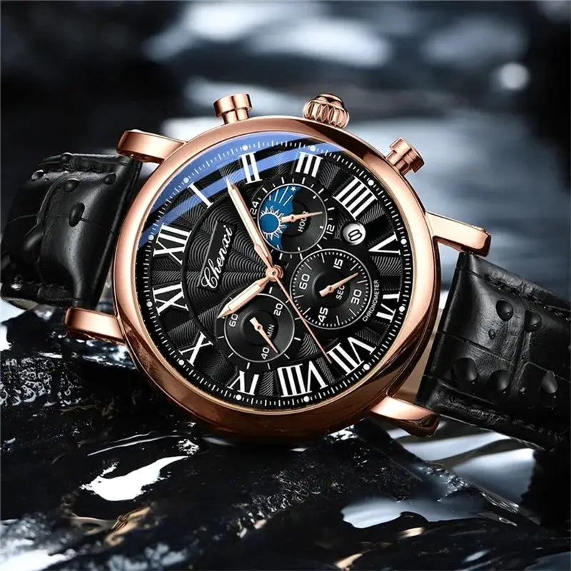 Chenxi 973 Moon Phase Date Analog Mens Wristwatch With Water Resistant Leather Strap And Imported Quartz Movement