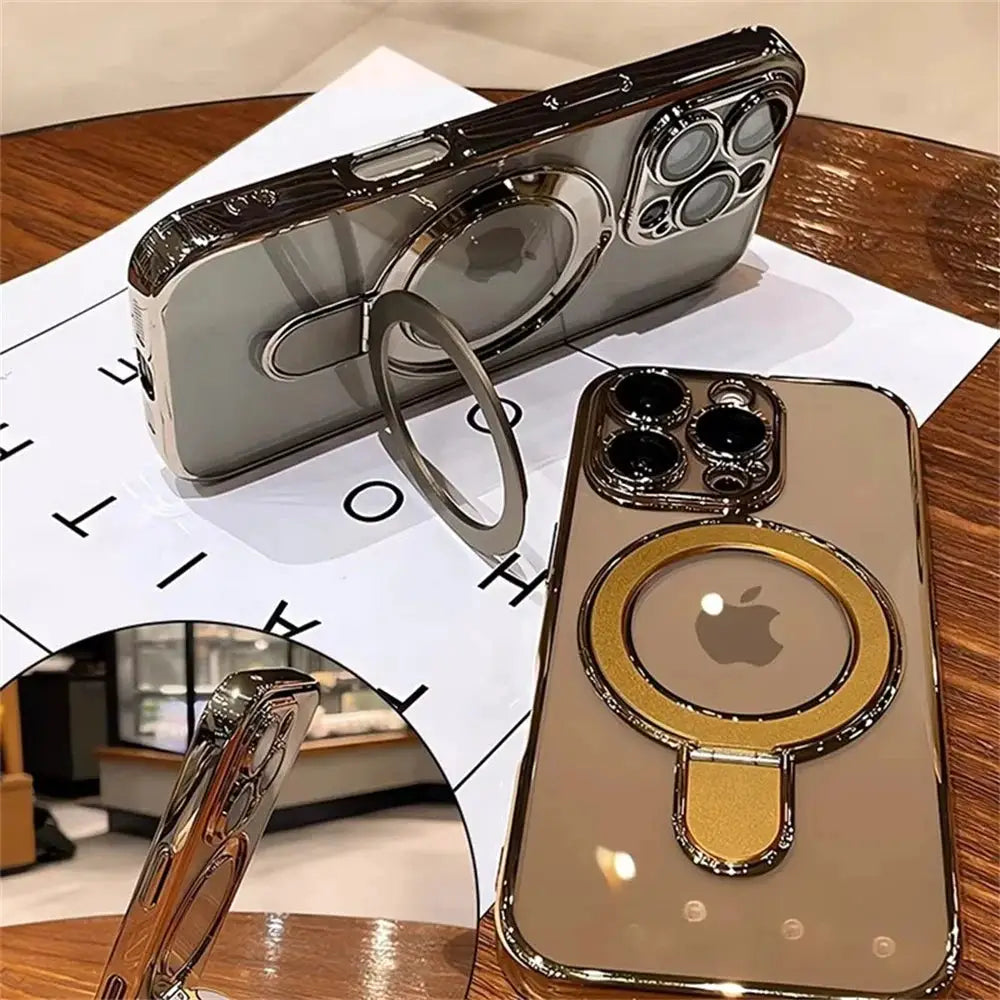 MagSafe bracket phone case with ring stand and lens protector by Simples Market; transparent/bronze, 2 variants