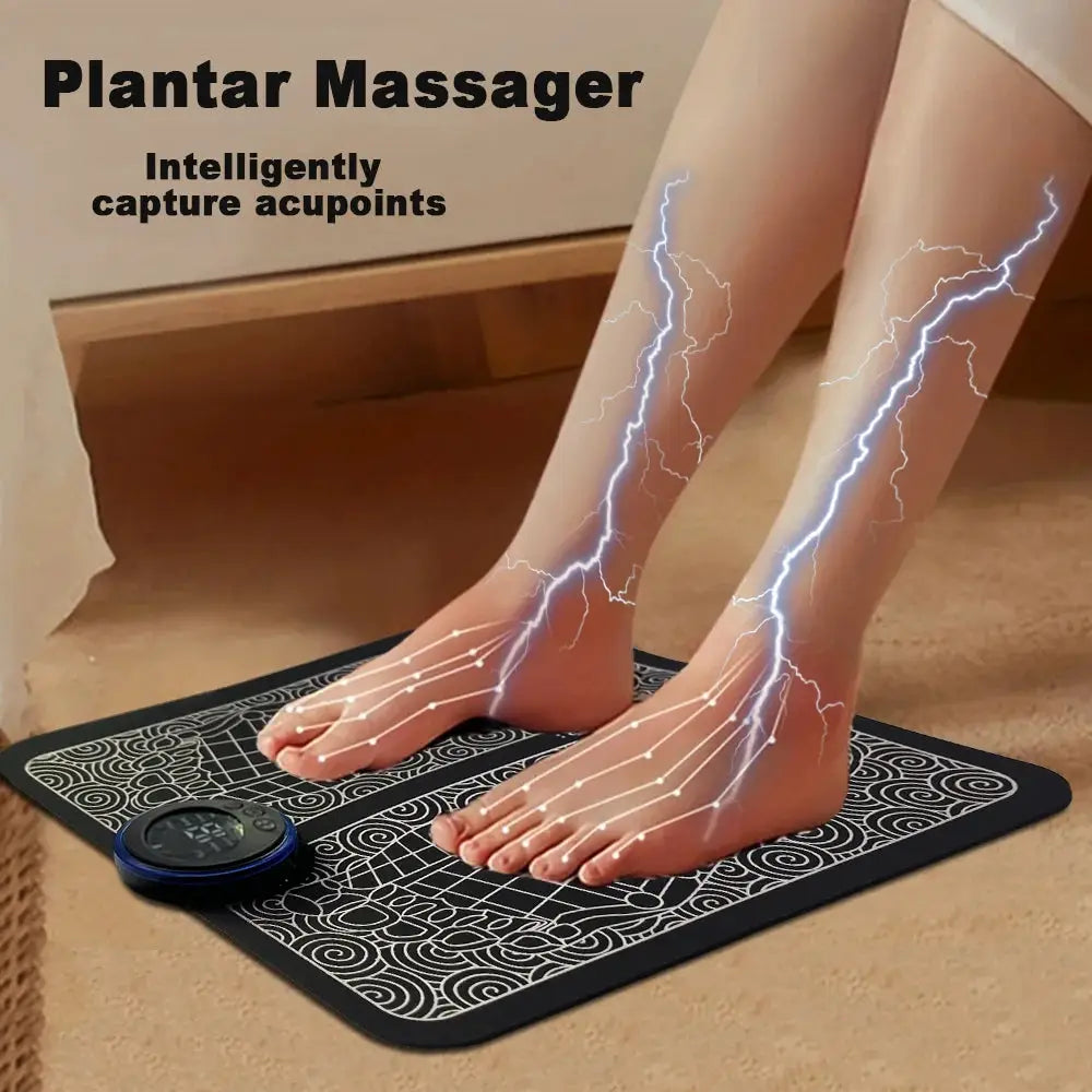 2-piece plantar massager mat set with blue USB controller, black mat with white swirl pattern