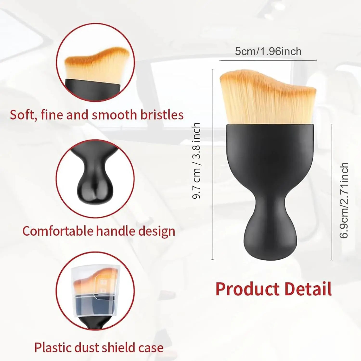Car interior cleaning brush by Simples Market with soft tan bristles and ergonomic black handle.