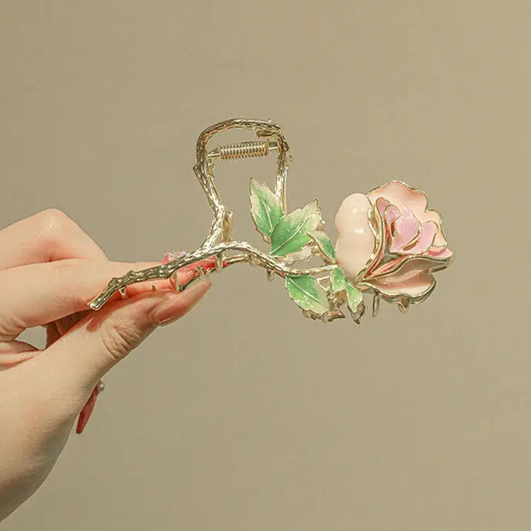 Glamora Metal Hair Claw With Gold Flower Design For Secure Ponytails And Elegant Updos