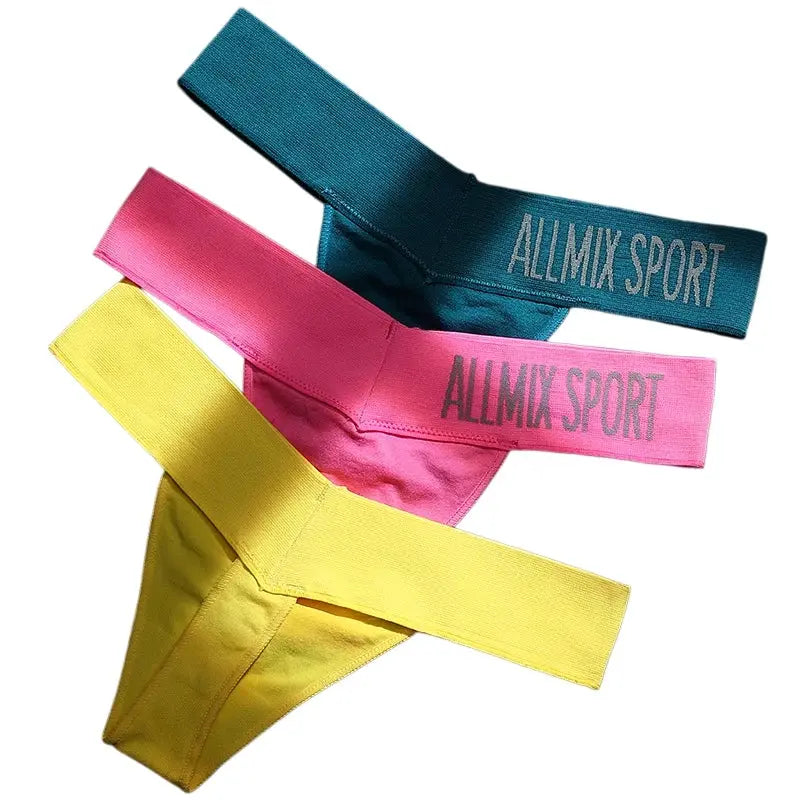 Allmix Sport women's thong underwear set in teal, pink, and yellow with elastic wide waistbands (3-pack).