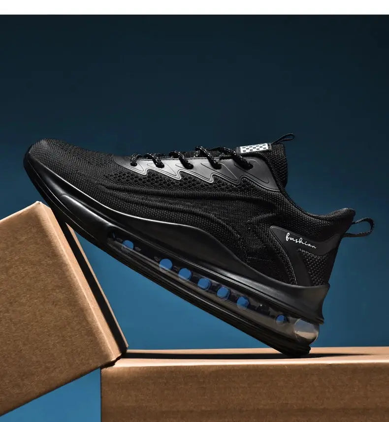 Men's black running sneakers with mesh upper and blue air-sole midsole