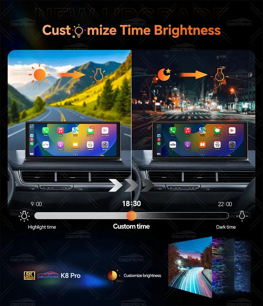 OBDPEAK K8 Pro dash cam with 11.3-inch AI touchscreen, front 5K rear 1080P, CarPlay & Android Auto, GPS navigation