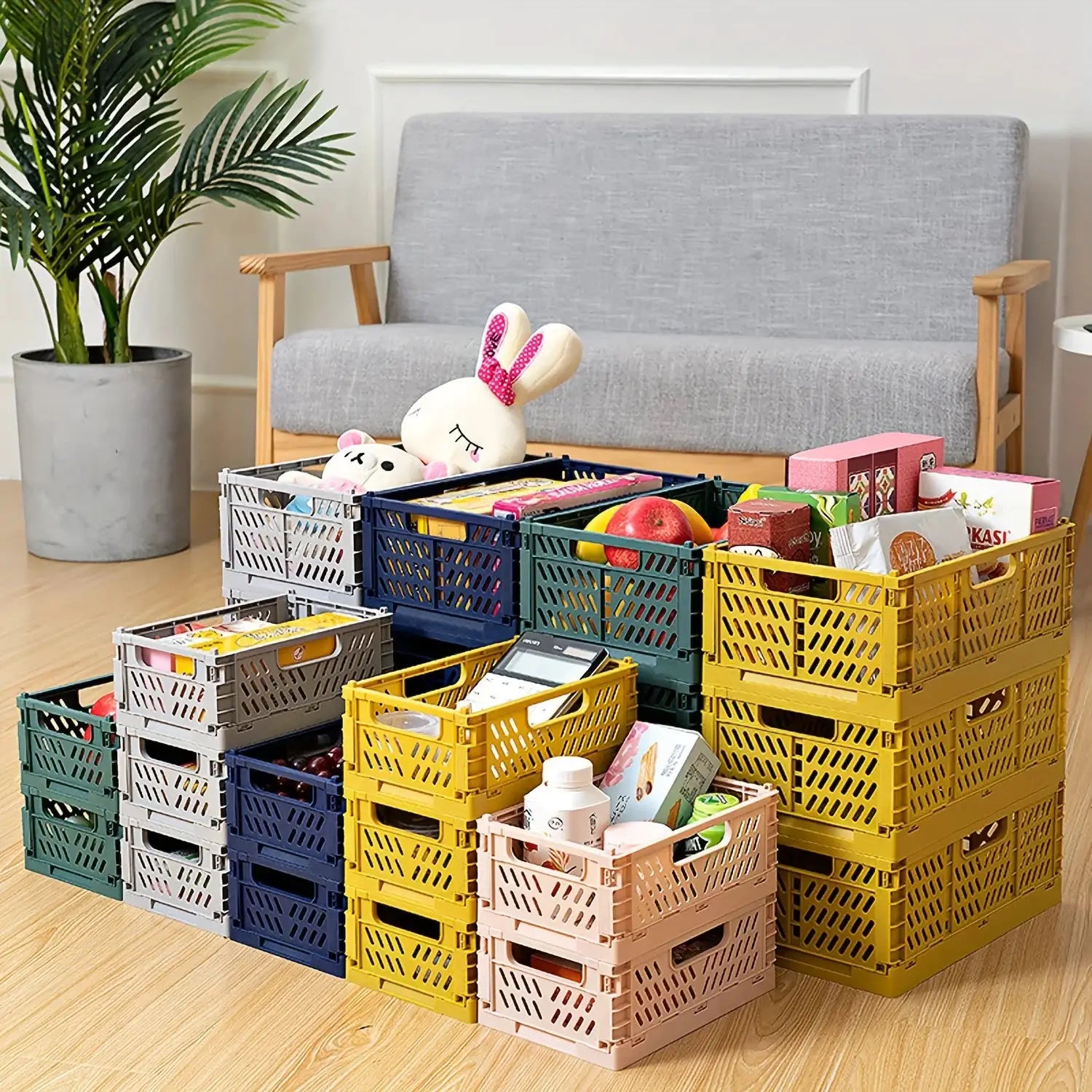 Plastic foldable storage crate by Simples Market; portable, stackable organizer in yellow, blue, green and pink (set of crates)