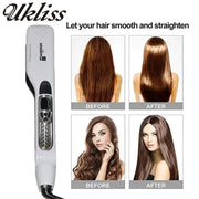 Professional steam hair straightener by Simples Market with white ceramic tourmaline plates and digital display.