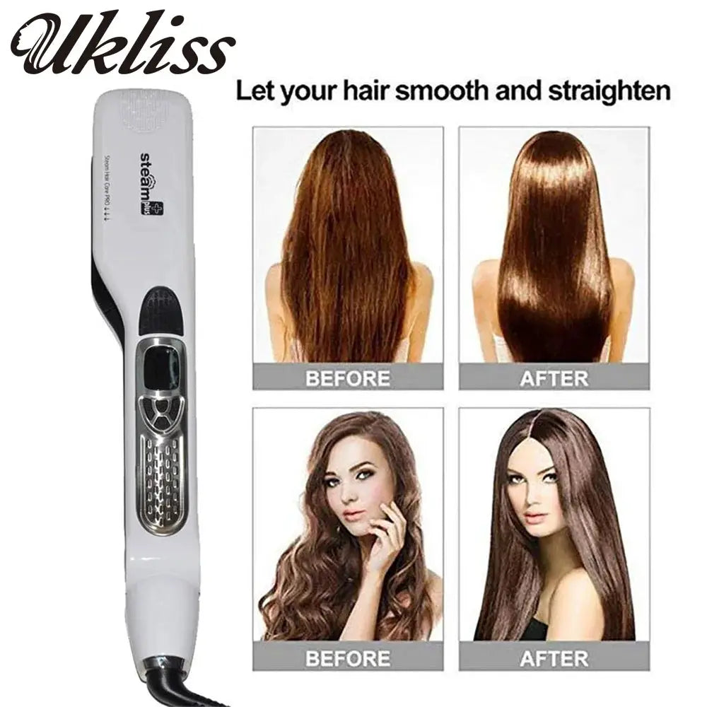 Professional steam hair straightener by Simples Market with white ceramic tourmaline plates and digital display.