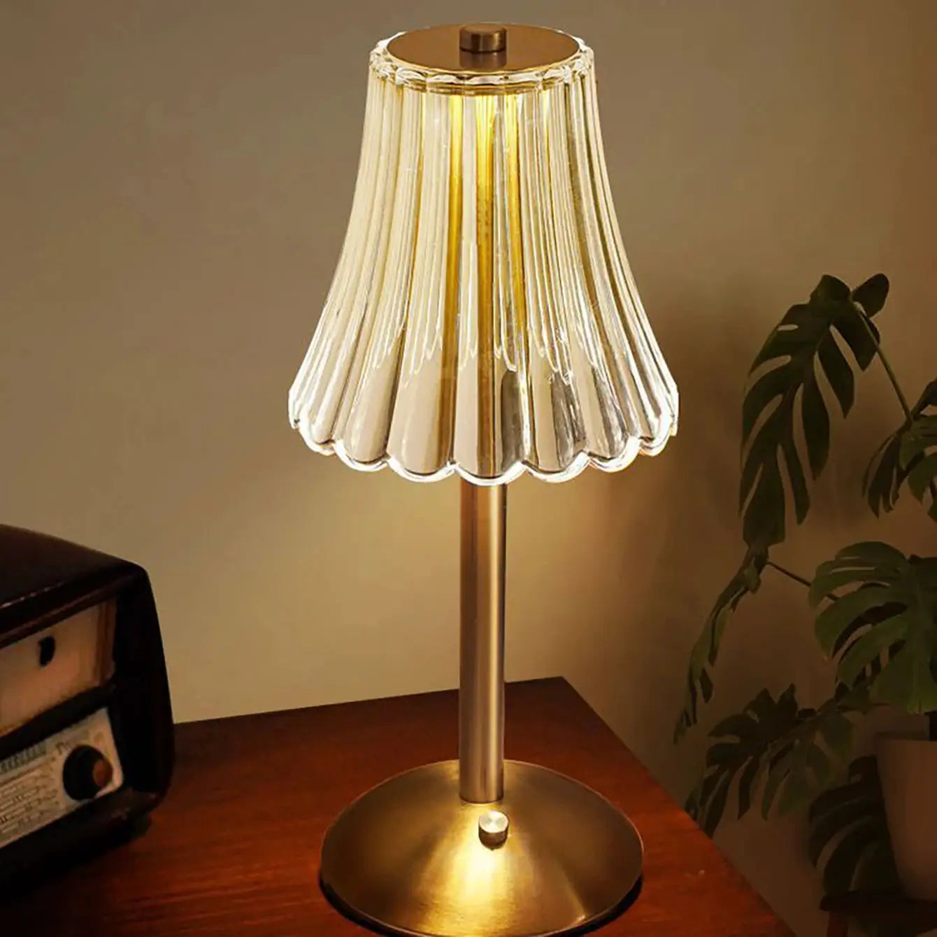 Crystal retro table lamp with clear glass shade and gold-tone base, rechargeable dimmable LED