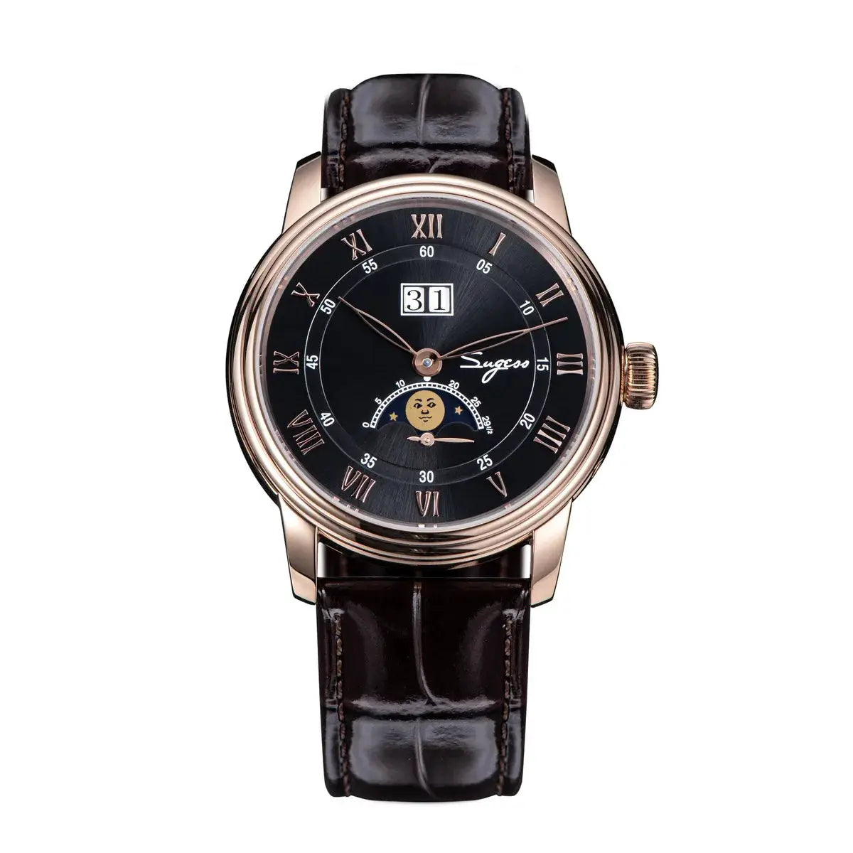 Sugess men’s moonphase watch, 40mm automatic, rose-gold case, blue sandstone dial, moonphase and date, leather strap
