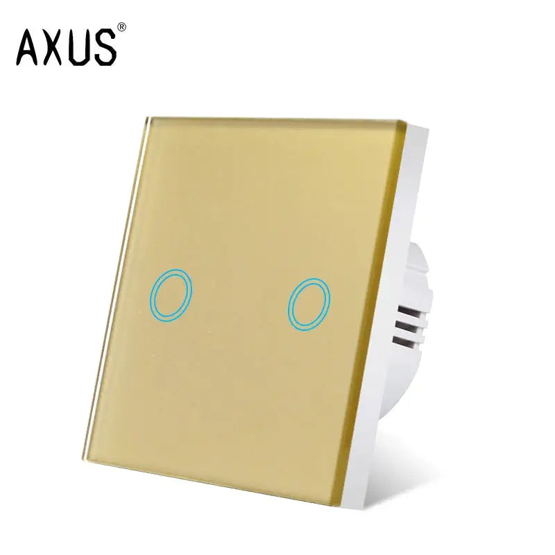AXUS 2-gang touch switch panel, gold tempered crystal glass backlit with blue illuminated touch circles