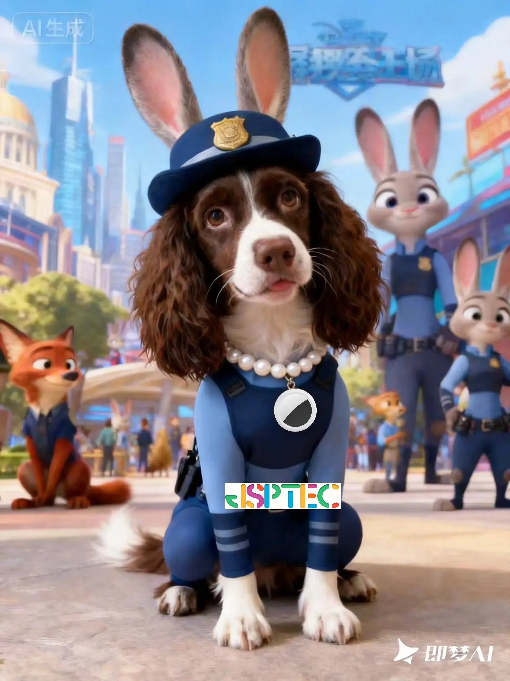 JSPTEC Airtag GPS Tracker for Pets; white round device on blue police-costumed dog in a cartoon city
