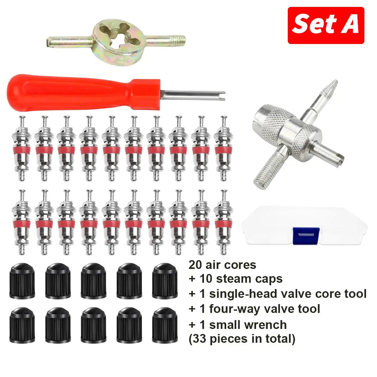 Universal tire valve core tool kit with red handle screwdriver, 20 valve cores, 10 caps, four-way tool, wrench, and case