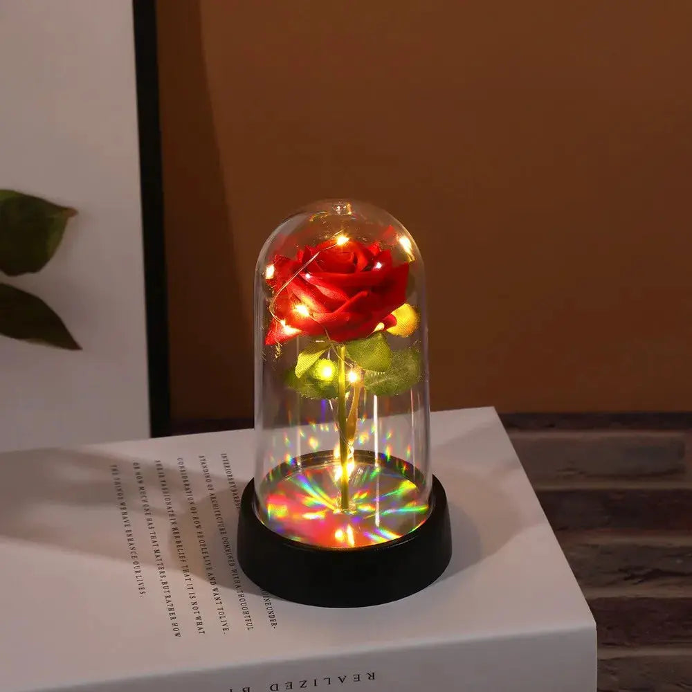 Led Red Rose Artificial Flower With Glass Cover And Stand Light Up Galaxy Rose For Valentines Day Wedding Gift