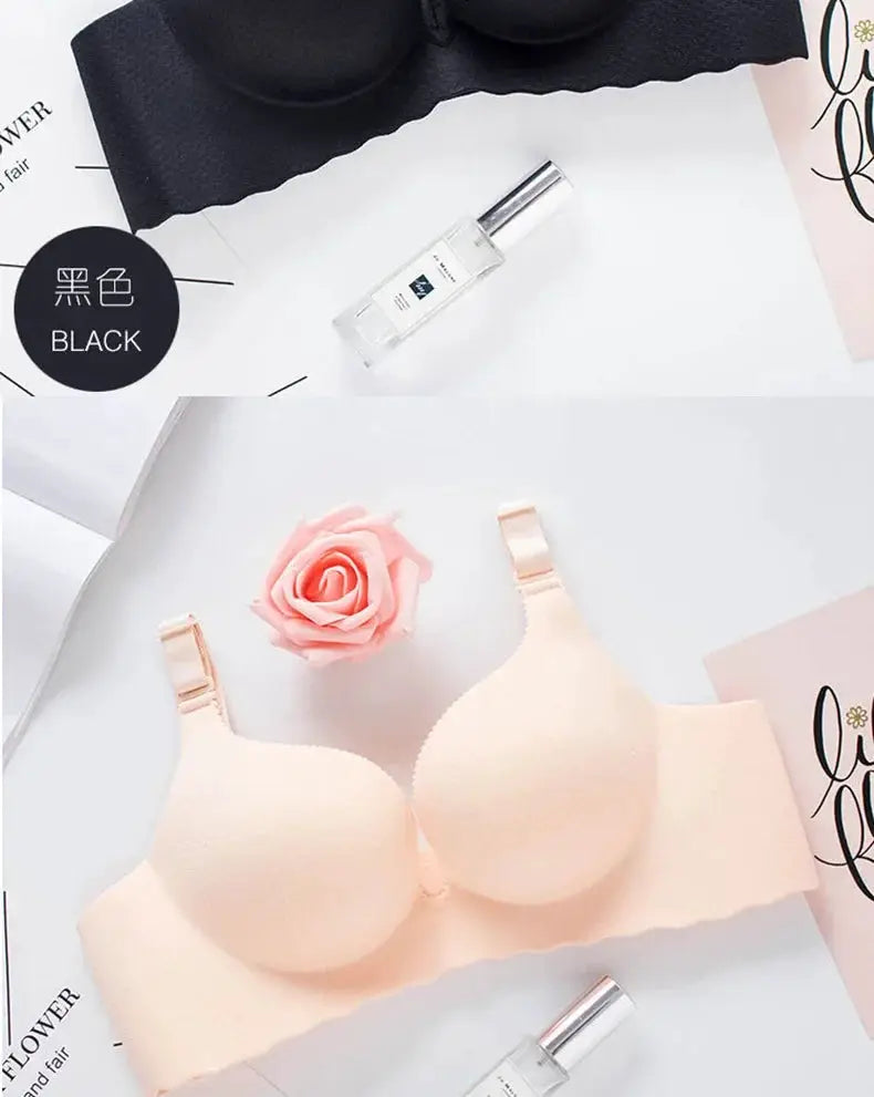 Extreme push-up bra set: two wireless padded bras, nude and black, on white backdrop