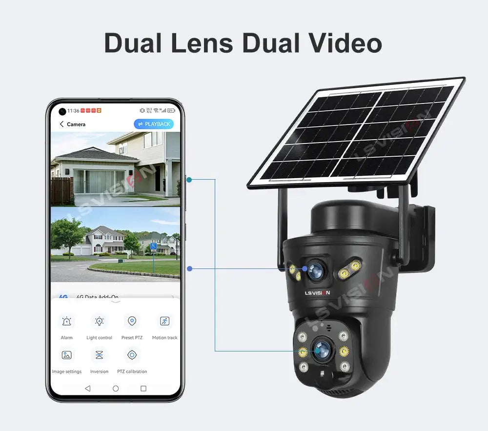 LSVISION outdoor solar dual-lens security camera with night vision, shown with smartphone app
